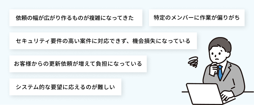 依頼の幅が広がり、作るものが複雑になってきた 特定のメンバーに作業が偏りがち システム的な要望に応えるのが難しい お客様からの更新依頼が増えて負担になっている セキュリティ要件の高い案件に対応できず、機会損失になっている